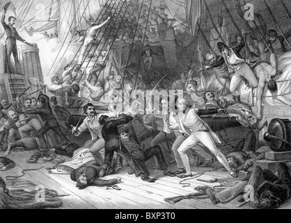 Commodore Horatio Nelson Boarding the San Josef at the Battle of Cape St Vincent, 14th Feb 1797; Black and White Illustration; Stock Photo