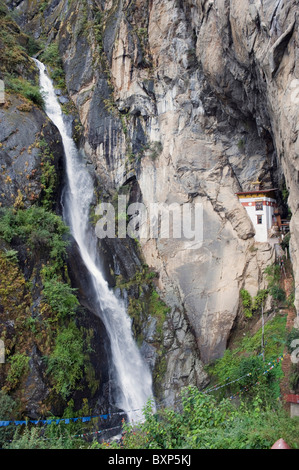 waterfall at Tigers Nest, Taktshang Goemba, Paro Valley, Bhutan, Asia Stock Photo