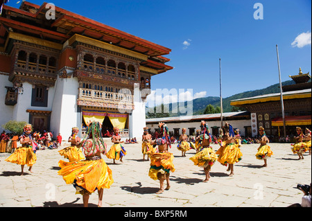 dance performers at Tsechu festival, Gangtey Gompa Monastery, Phobjikha valley, Bhutan, Asia Stock Photo