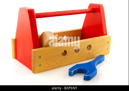 Wooden toolkit with work tools isolated over white Stock Photo