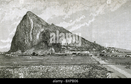 Rock of Gibraltar. Engraving by Rico, 1882. Stock Photo