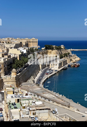 View towards port entrance to Valletta Grand Harbour in Malta with Quarry Wharf Stock Photo