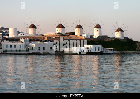 The famous windmills of Mykonos old town, Cyclades Stock Photo