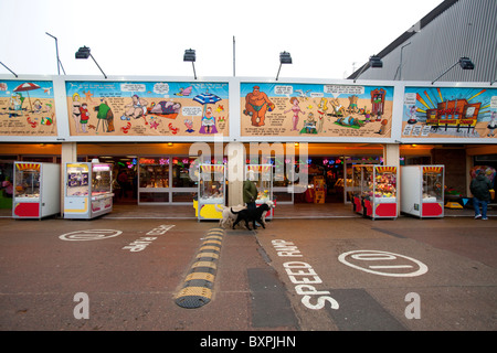 Skegness, Lincolnshire, UK.Skegness, Lincolnshire, UK. A woman walks her dogs in front of amusements in Skegness. Stock Photo