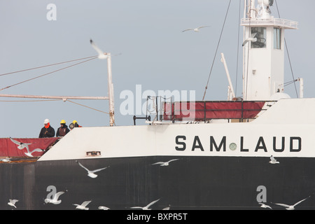 Crew members stand on the deck of the cargo ship M/V Sam Laud in winter. Stock Photo