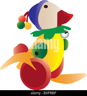 Three dimensional illustration of colorful retro duck toy on wheels, isolated on white background. Stock Photo