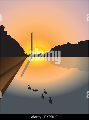 Vector illustration of sunset over Washington monument with Reflecting Pool in foreground, Washington, D.C, U.S.A. Stock Photo