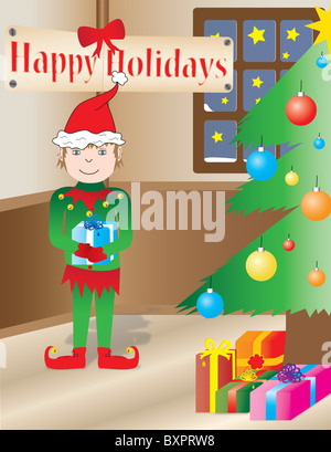 Christmas Elf in a holidays interior. Christmas tree, starlight in the windows and gifts! Stock Photo