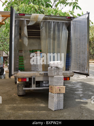 Eggs in the back of a delivery truck. Brown eggs in paper and plastic trays are stacked in the back of the lorry Stock Photo