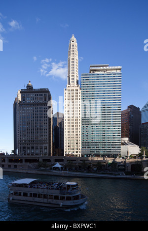 view of skyscrapers along Wacker Drive, Chicago river Stock Photo