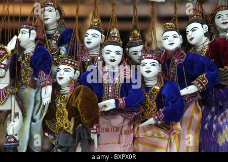 Traditional wooden puppets in Bogyoke Aung San Market, formerly Scott's Market in Yangon, Myanmar. (Burma) Stock Photo