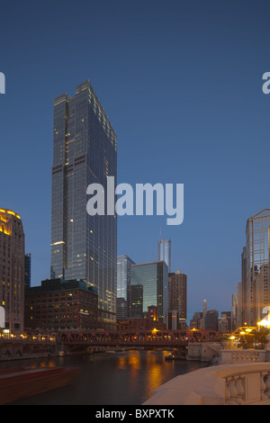 view of skyscrapers along Wacker Drive, Chicago river Stock Photo