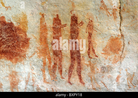 Group of dancers, prehistoric rock paintings by the San people, Cederberg Mountains, Western Cape Province, South Africa Stock Photo