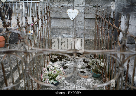 Old cemented tomb enclosed by decorative metal railings with heart nameplate & 2 weathered fake potted plants, Cimetière de Die Stock Photo