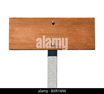 Blank wooden hiking trail sign in bright sun light. Stock Photo