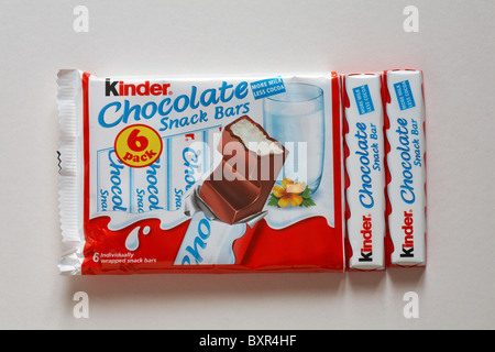 6 pack Kinder chocolate snack bars isolated on white background Stock Photo