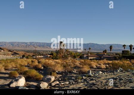 Desert and residential streets merge in Cathedral City, Palm Springs, California. Stock Photo