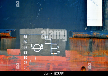 Plimsoll load line on side of ship, Mississippi River, New Orleans, Louisiana Stock Photo