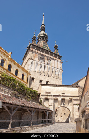 Low angle view of the Clock Tower at Sighisoara Citadel in Transylvania, Romania. Stock Photo