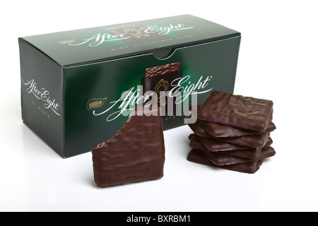 Stack of After Dinner mints with box isolated on white.