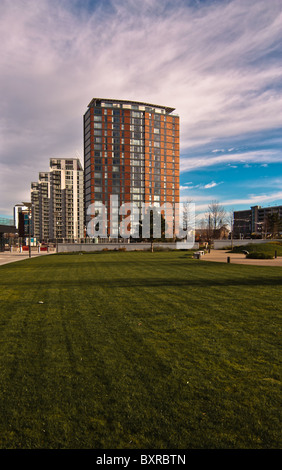 A shot of apartments at Salford Quays, Manchester. Lovely sky complementing this picture too. Stock Photo