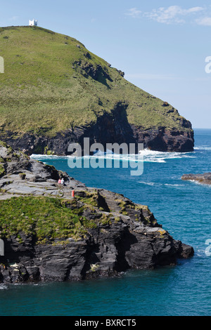 The entrance to Boscastle harbour and view towards Willapark Lookout, Cornwall, England