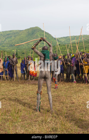 Donga stick fighter, Surma tribe, Tulgit, Omo river valley, Ethiopia Africa Stock Photo