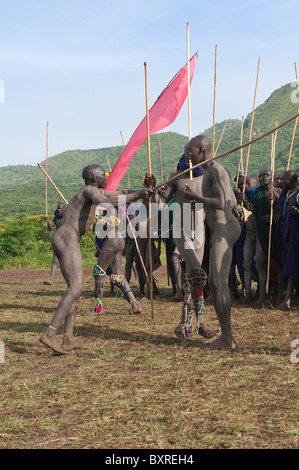 Donga stick fighter, Surma tribe, Tulgit, Omo river valley, Ethiopia Africa Stock Photo