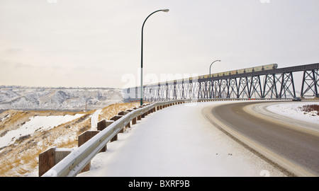 Lethbridge High Level Bridge over Old Man River with train Stock Photo ...