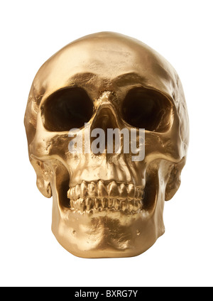 Golden human skull isolated on white background Stock Photo