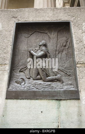 Relief of 'George Washington at Valley Forge' on the steps of Federal Hall on Wall Street in New York City. Stock Photo