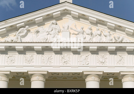 Lithuania, Vilnius, Old Town, stucco relief showing a bird sacrifice, on the tympanum of the facade of Vilnius Cathedral Stock Photo