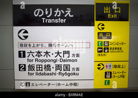 Japan, Tokyo, Exit and transfer Sign at Roppongi Stock Photo