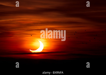 Partial Solar Eclipse in Cambridgeshire UK 4th January 2011 at Sunrise Stock Photo