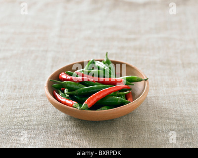 Bowl of red and green chillies Stock Photo