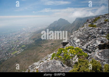 View of Table Mountain from the top looking towards Devil's Peak. Stock Photo