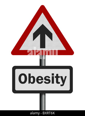 Photo realistic reflective metallic 'rising obesity' sign, isolated on a pure white background. Stock Photo