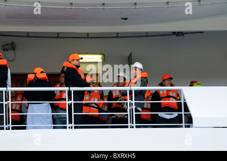 Lifeboat Drill For The Crew Of A Cruise Ship Stock Photo