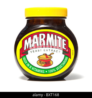 Jar of Marmite yeast extract spread isolated on a white studio background. Stock Photo