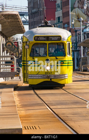 Old electric bus on downtown street in San Francisco CA USA Stock Photo