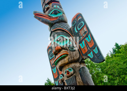 'Raven Sits Atop Fog Woman' detail of Chief Johnson Totem Pole in Ketchikan, Alaska, USA Stock Photo