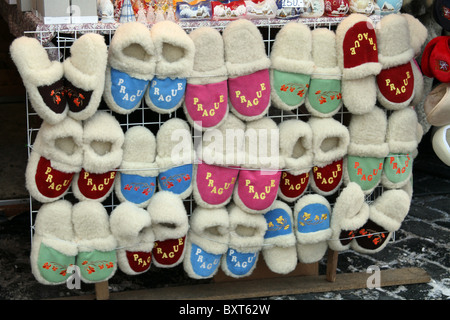 Traditional Christmas market slipper stall in Old Town Square in Prague, Czech Republic Stock Photo