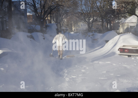 Heavy snow and wind shut down New York City on the first day of winter 2010. Brooklyn neighborhood. Stock Photo