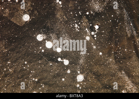 Methane bubbles trapped in ice on a tarn in the Lake District, UK. Stock Photo