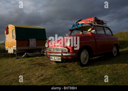 Lloyd Alexander TS, vintage car and small wooden caravan which journeyed all the way to Gairloch, Scotland from Germany. Stock Photo