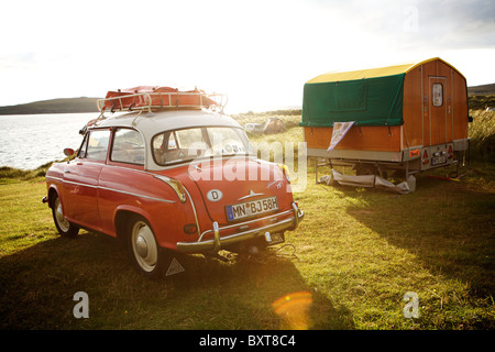 Lloyd Alexander TS, vintage car and small wooden caravan which journeyed all the way to Gairloch, Scotland from Germany. Stock Photo