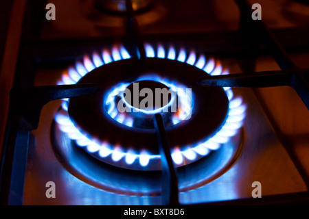 gas flames on cooker hob Stock Photo