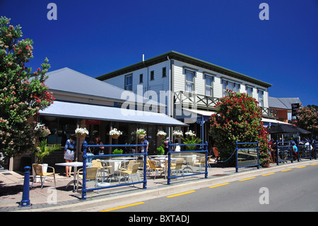 Waterfront cafes, Beach Road, Akaroa, Banks Peninsula, Canterbury Region, New Zealand Stock Photo