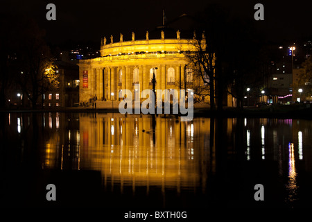 Stuttgart Opera House at night with reflection in the lake Stock Photo