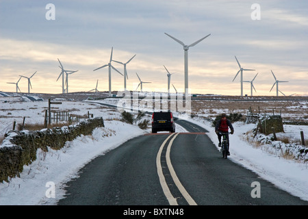 The Long Causeway road and Coal Clough windfarm (Scottish Power ), Pennines, between Burnley +Todmorden, Lancashire, England, UK Stock Photo